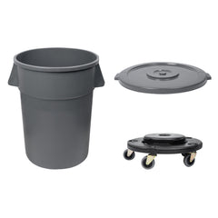 RW Clean 1 Gray 44 gal Plastic Commercial Trash Can and 1 Gray Lid and 1 Dolly