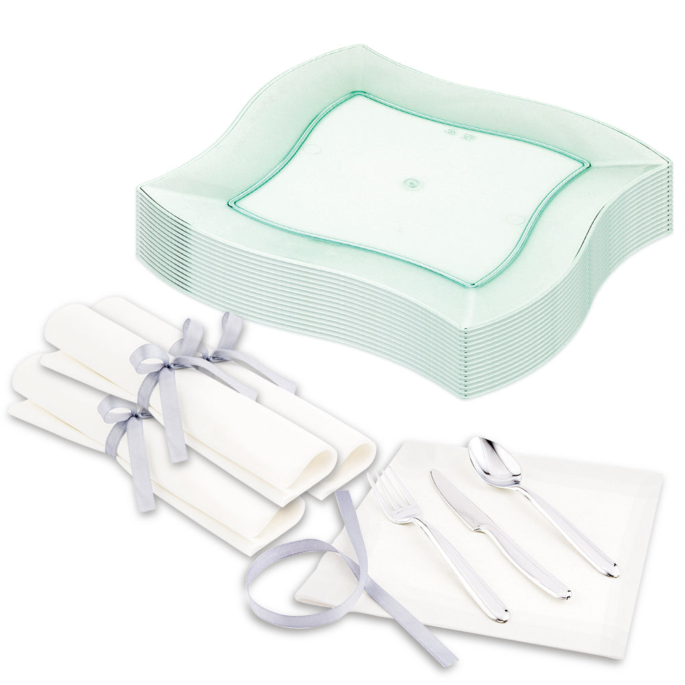 100 Square Seagreen 7" Plastic Medium Aqua Plates and 100 Moderna Silver Plastic Cutlery Sets