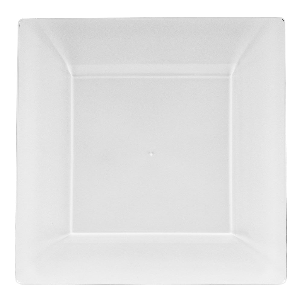 100 Square Clear 9 1/2" Plastic Modern Plates and 100 Moderna Silver Plastic Cutlery Sets