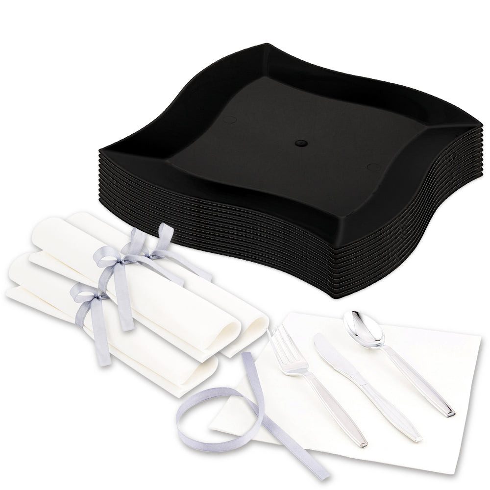 100 Square Black 7" Plastic Medium Aqua Plates and 100 Argento Silver Plastic Cutlery Sets