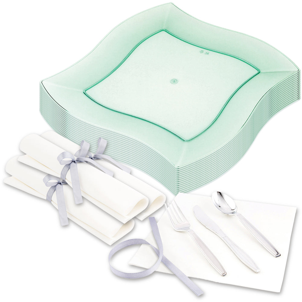 100 Square Seagreen 9" Plastic Large Aqua Plates and 100 Argento Silver Plastic Cutlery Sets