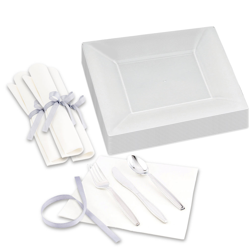 100 Square Clear 9 1/2" Plastic Modern Plates and 100 Argento Silver Plastic Cutlery Sets