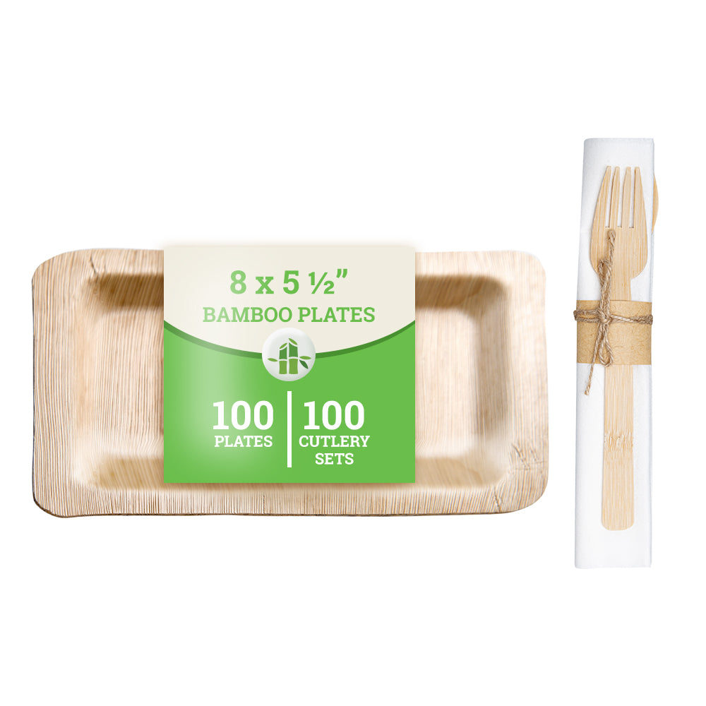 100 Rectangle Natural 8" Bamboo Plates and 100 Natural Bamboo Disposable Flatware Sets