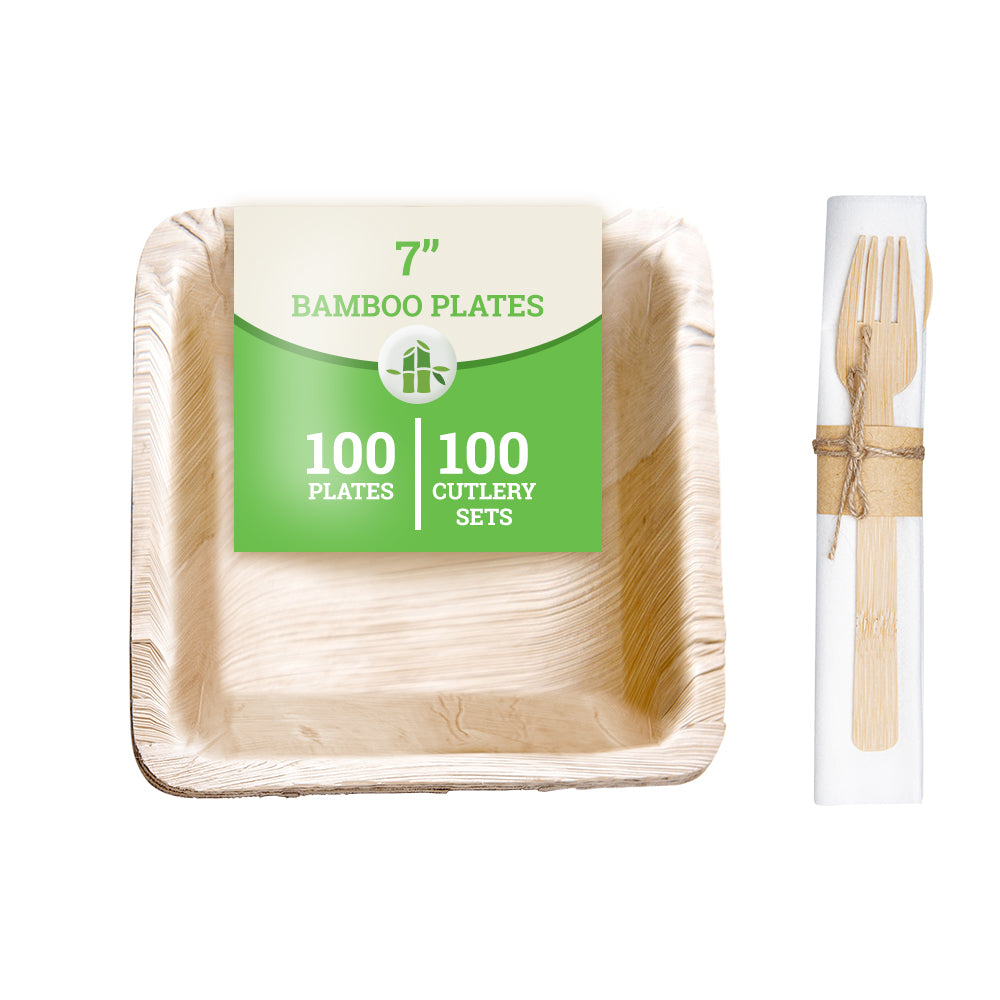 100 Square Natural 7" Bamboo Leaf Salad Plates and 100 Natural Bamboo Disposable Flatware Sets