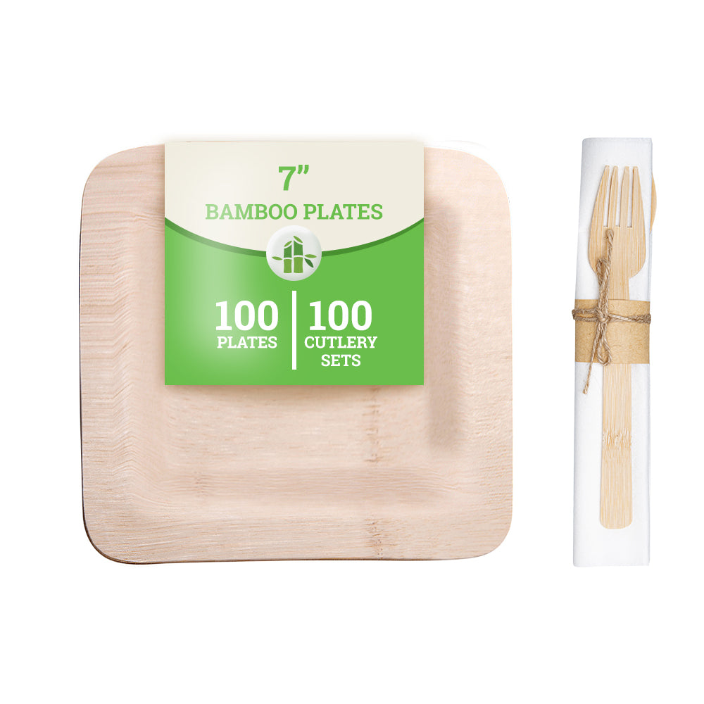 100 Square Natural 7" Bamboo Medium Veneer Plates and 100 Natural Bamboo Disposable Flatware Sets