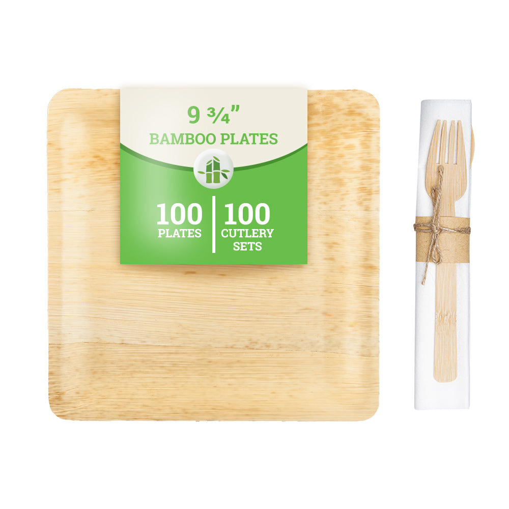 100 Square Natural 10" Bamboo Leaf Dinner Plates and 100 Natural Bamboo Disposable Flatware Sets