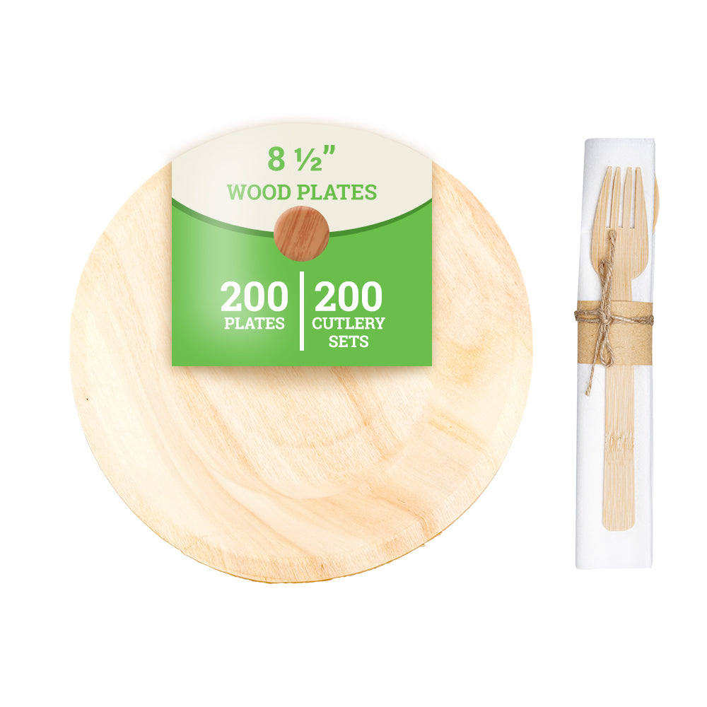 200 Round Natural 9" Wood Plates and 200 Natural Bamboo Disposable Flatware Sets