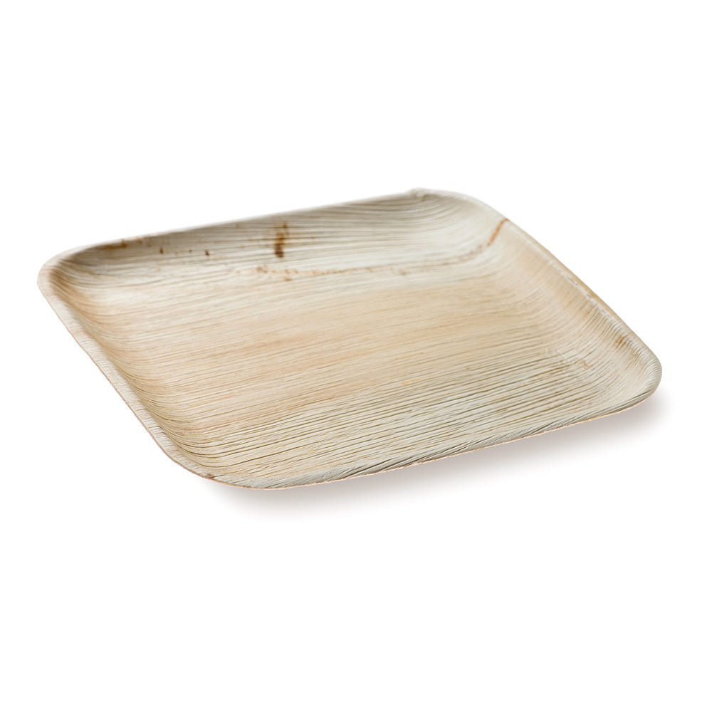 100 Indo Square 8" Natural Palm Leaf Plates and 100 Natural Bamboo Disposable Flatware Sets