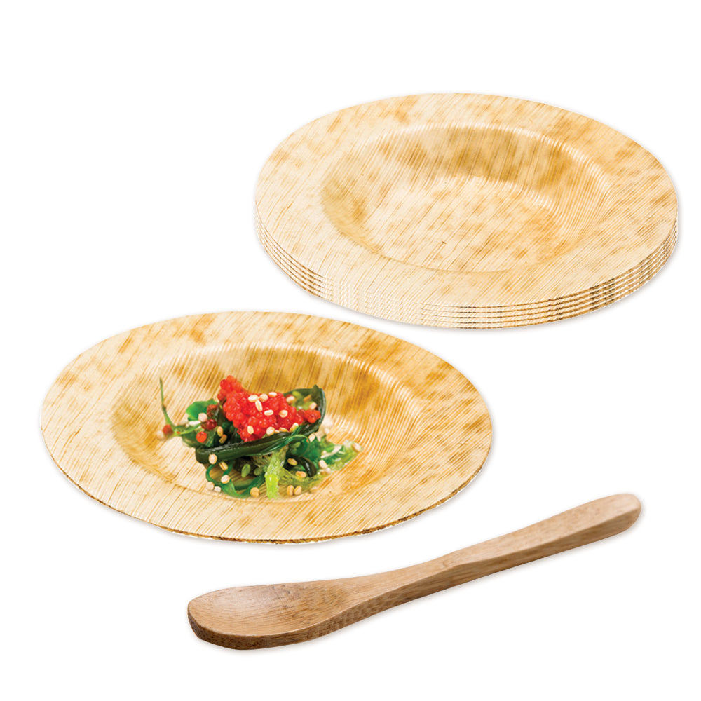 100 Round Natural 3.5" Bamboo Small Plates and 100 Natural Bamboo 3.5" Mini Spoons