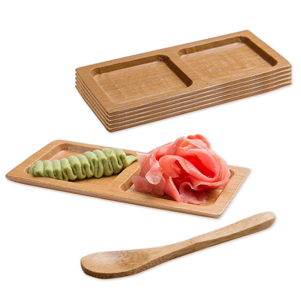 100 Rectangle Natural 4.75" Bamboo Duo Plates and 100 Natural Bamboo 3.5" Mini Spoons