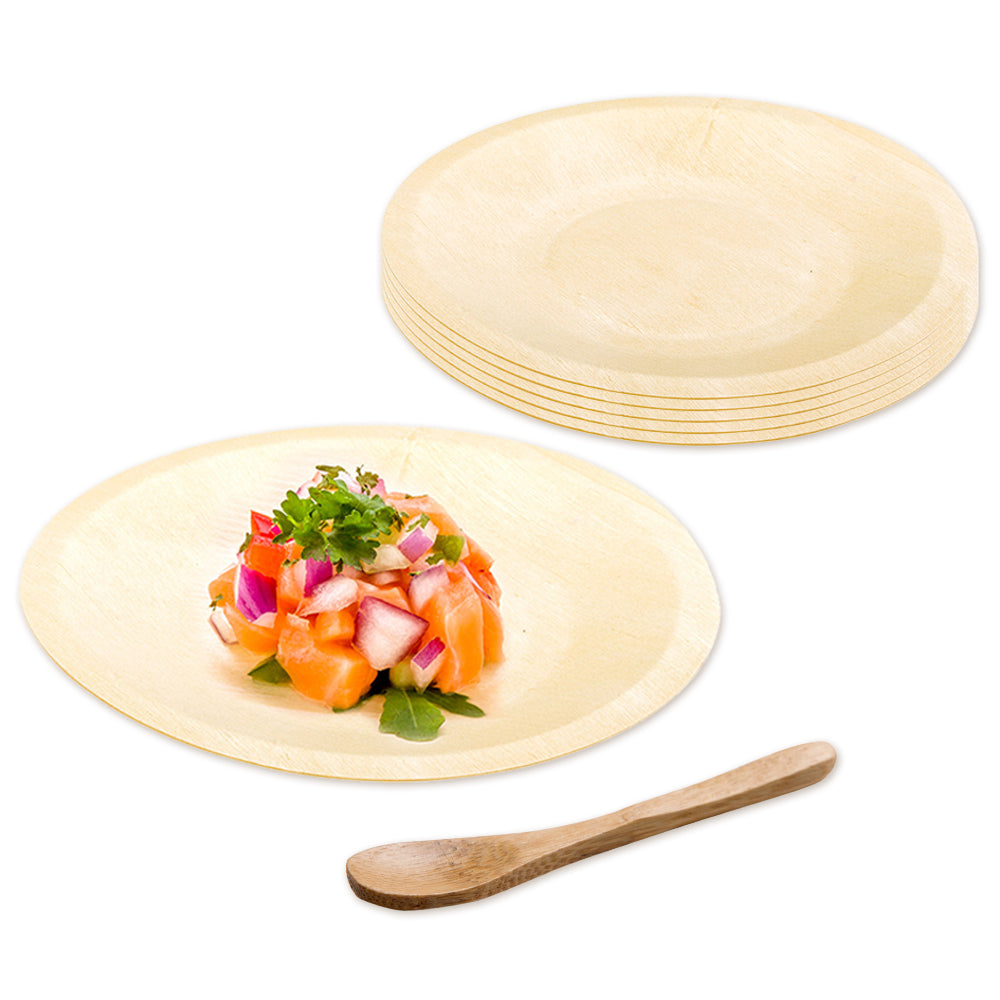 200 Round Natural 5.5" Wood Plates and 200 Natural Bamboo 3.5" Mini Spoons