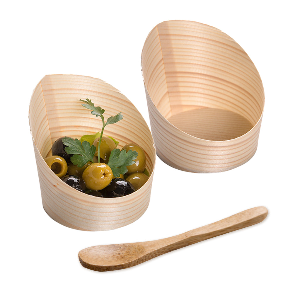 100 4 oz Round Natural Wood Mini Incline Cups and 100 Natural Bamboo 3.5" Mini Spoons