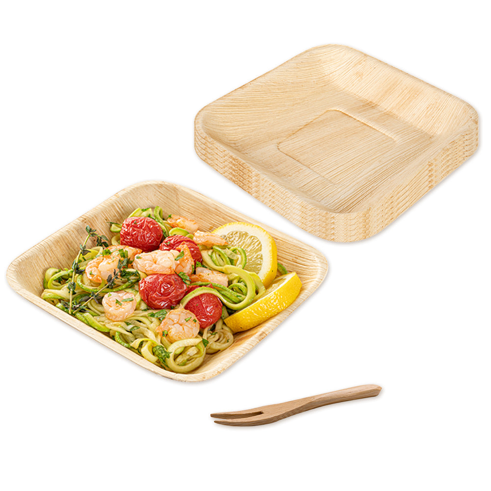 100 Indo Square 6.5" Natural Palm Leaf Plates and 100 Natural Bamboo 3.5" Mini Forks