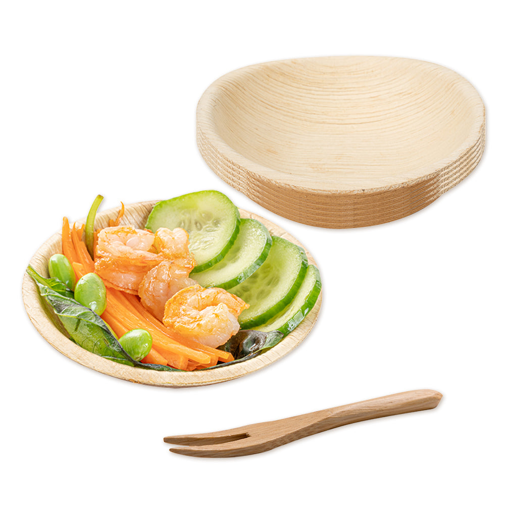 100 Indo 4 oz Round Natural Palm Leaf Bowls and 100 Natural Bamboo 3.5" Mini Forks