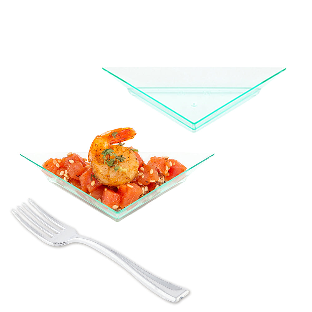 100 Seagreen Plastic 4" Mini Triangolo Appetizer Plates and 100 Silver Plastic 4" Mini Forks