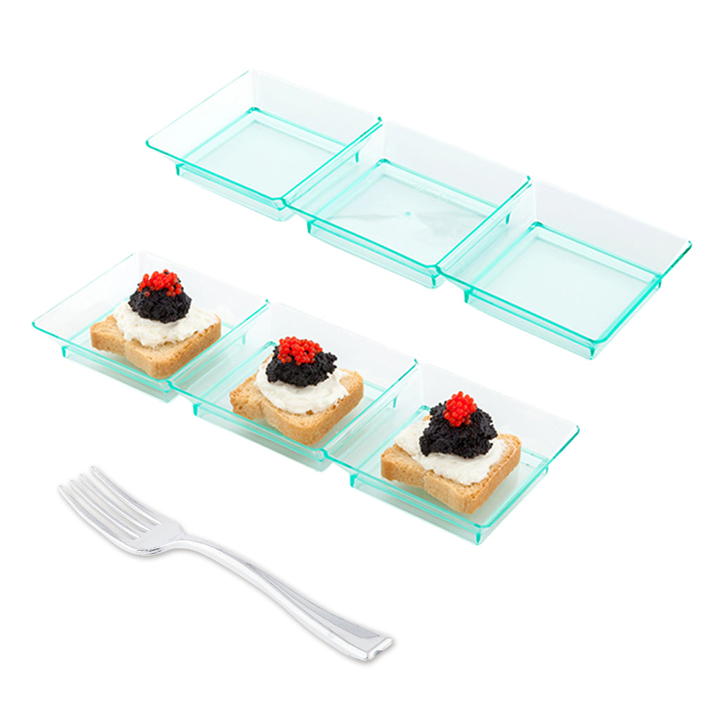 100 Rectangle Seagreen 7.5" Plastic Terzetto Mini Plates and 100 Silver Plastic 4" Mini Forks