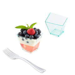 100 2 oz Square Seagreen Plastic Girata Dessert Dish and 100 Silver Plastic 4