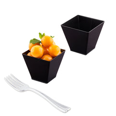 100 2 oz Square Black Plastic Mini Kova Cups and 100 Silver Plastic 4