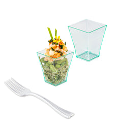 100 2 oz Square Seagreen Plastic Bonito Cups and 100 Silver Plastic 4