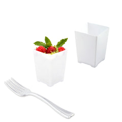 100 4 oz Square White Plastic Tall Quadrato Cups and 100 Silver Plastic 4