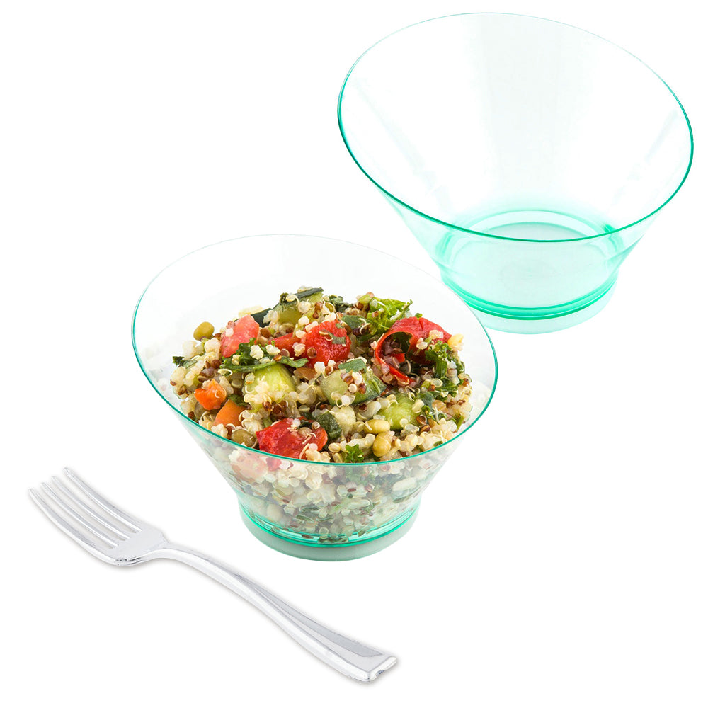 100 7 oz Round Seagreen Plastic Incline Bowls and 100 Silver Plastic 4" Mini Forks