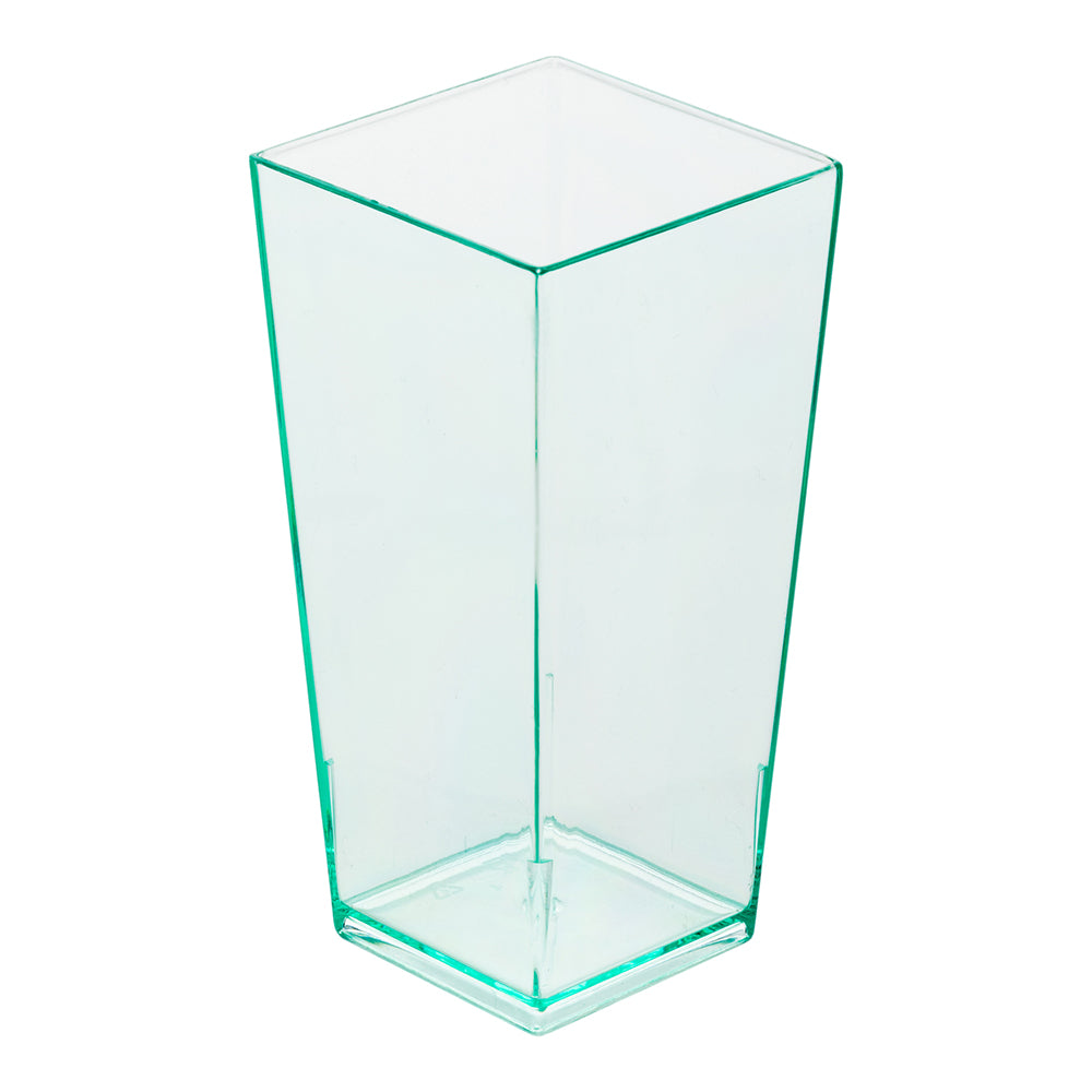 100 4 oz Square Seagreen Plastic Tall Geometric Cups and 100 Silver Plastic 4" Mini Forks