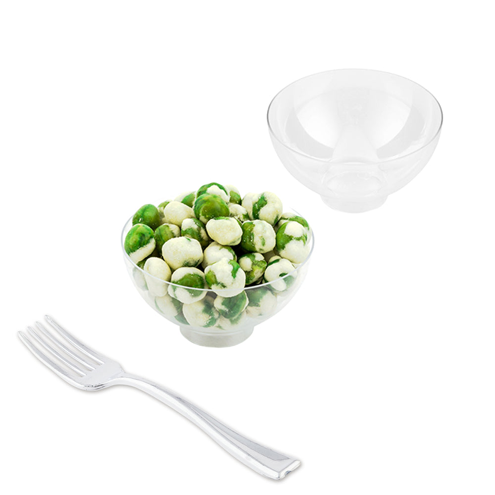 100 2 oz Round Clear Plastic Coppa Bowls and 100 Silver Plastic 4" Mini Forks