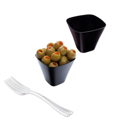 100 4 oz Square Black Plastic Bellissima Tasting Cups and 100 Silver Plastic 4