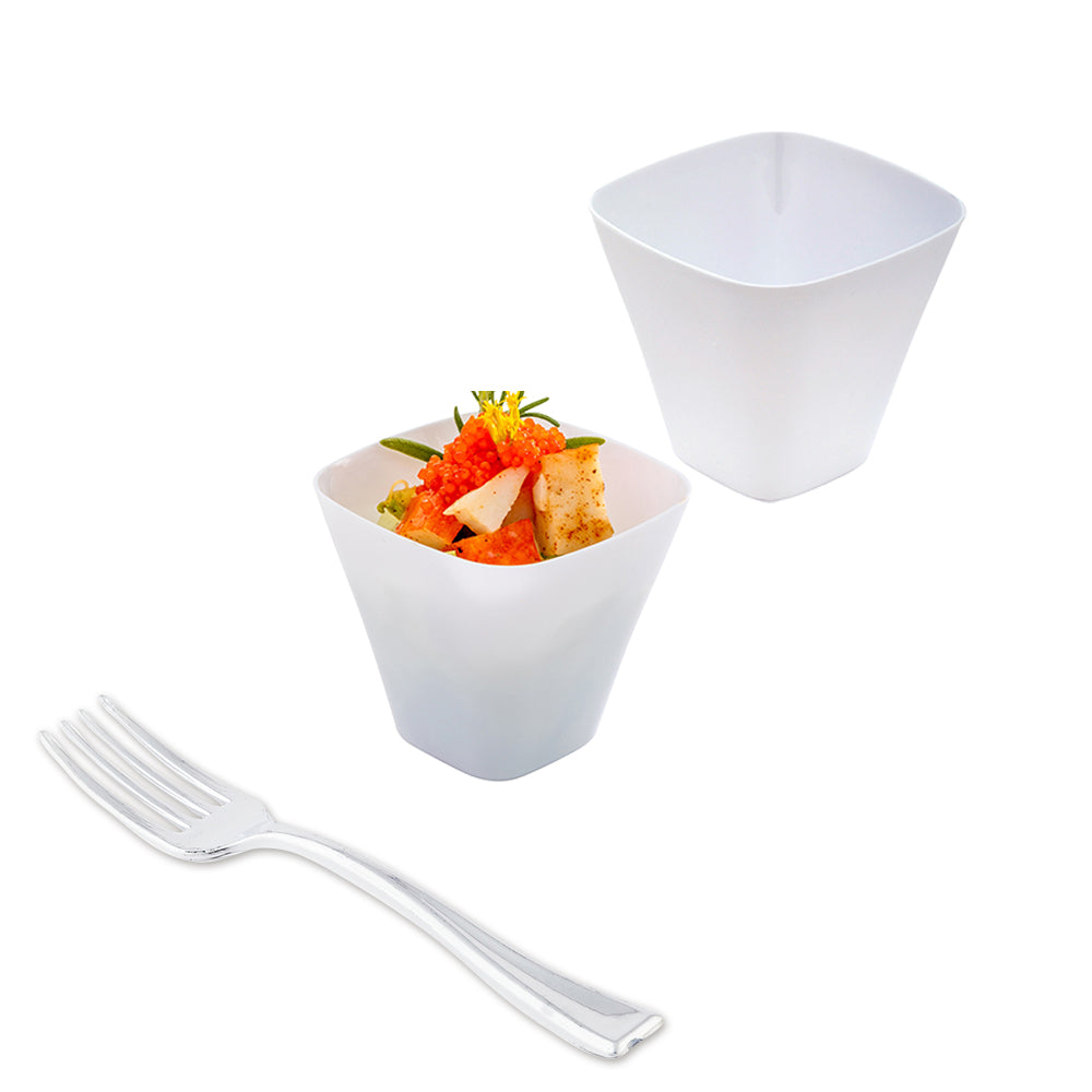 100 4 oz Square White Plastic Bellissima Tasting Cups and 100 Silver Plastic 4" Mini Forks