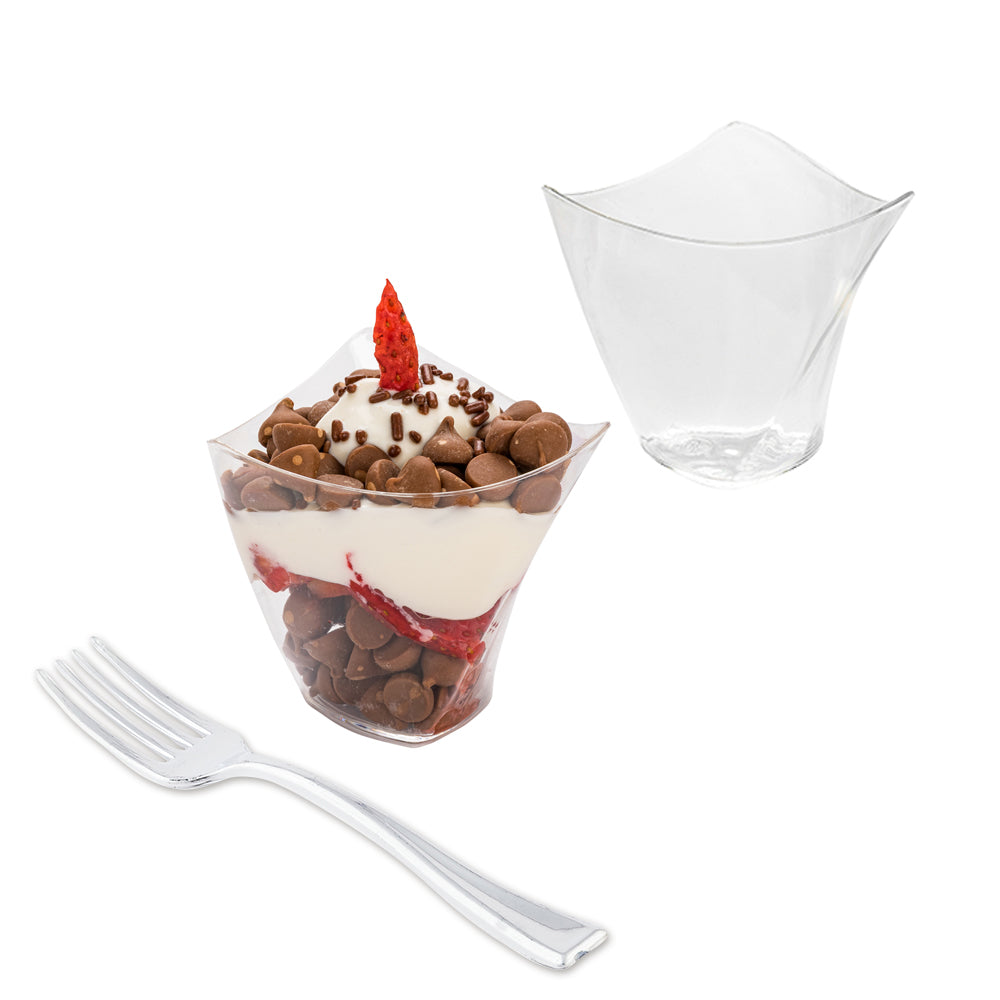 100 4 oz Clear Plastic Mini Crescendo Cups and 100 Silver Plastic 4" Mini Forks