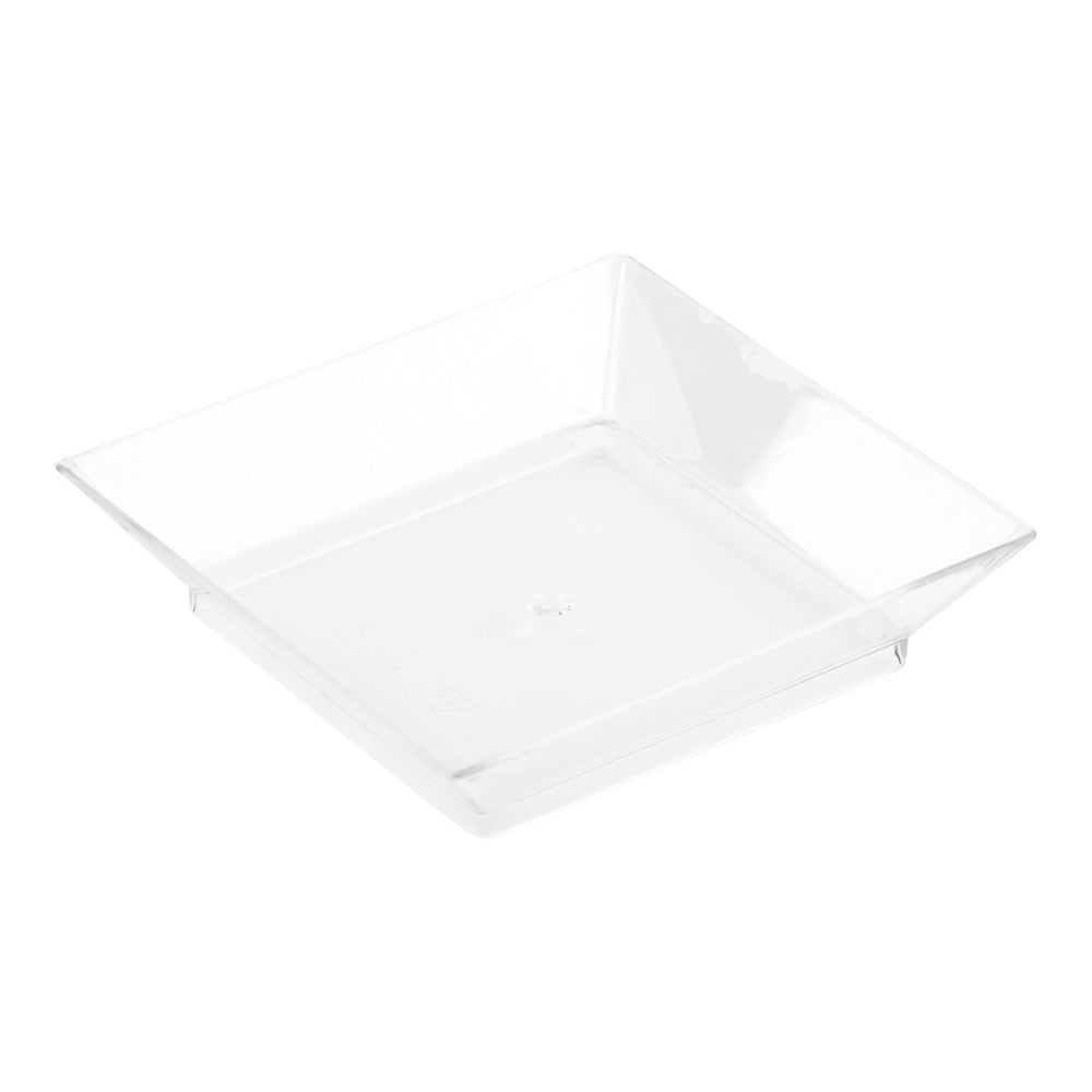 100 Square Clear 2.5" Plastic Mini Modern Plates and 100 Silver Plastic 4" Mini Spoons