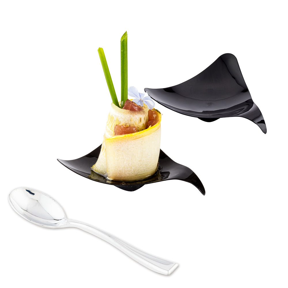 100 Triangle Black 3" Plastic Shooting Star Appetizer Plates and 100 Silver Plastic 4" Mini Spoons