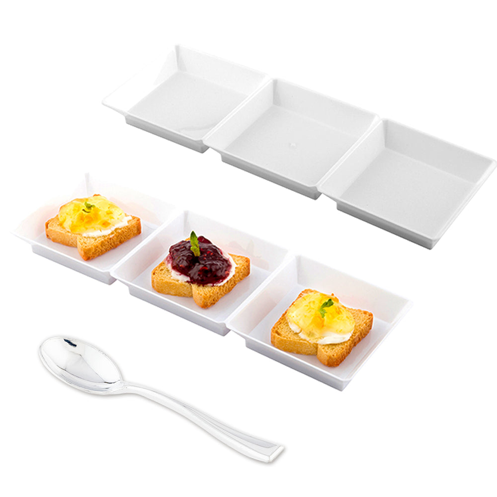 100 Rectangle White 7.5" Plastic Terzetto Mini Plates and 100 Silver Plastic 4" Mini Spoons