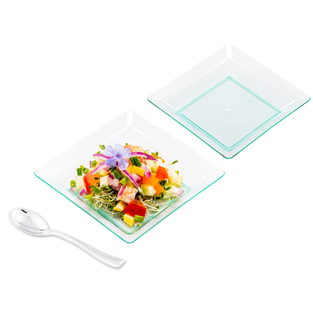 100 Square Seagreen 4.25" Plastic Plates and 100 Silver Plastic 4" Mini Spoons