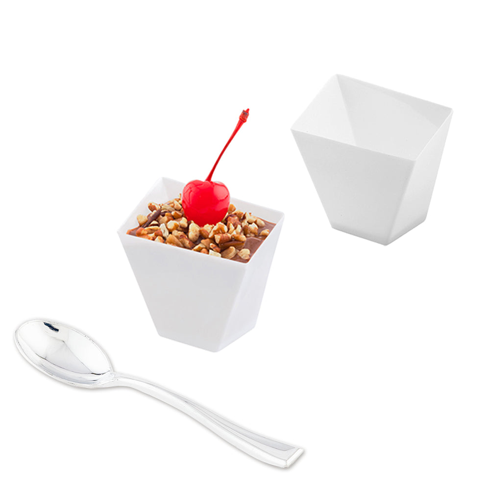 100 2 oz Square White Plastic Girata Dessert Dish and 100 Silver Plastic 4" Mini Spoons