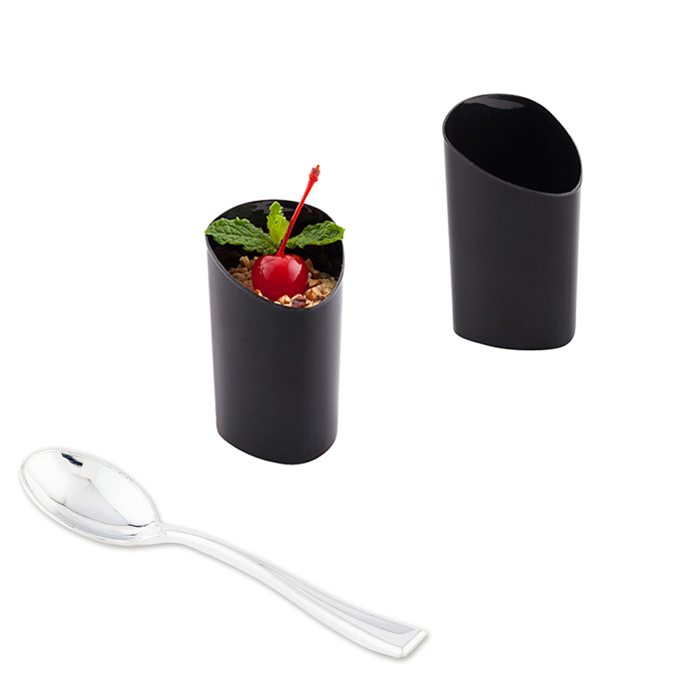 100 3 oz Black Plastic Triangolo Shot Glass and 100 Silver Plastic 4" Mini Spoons