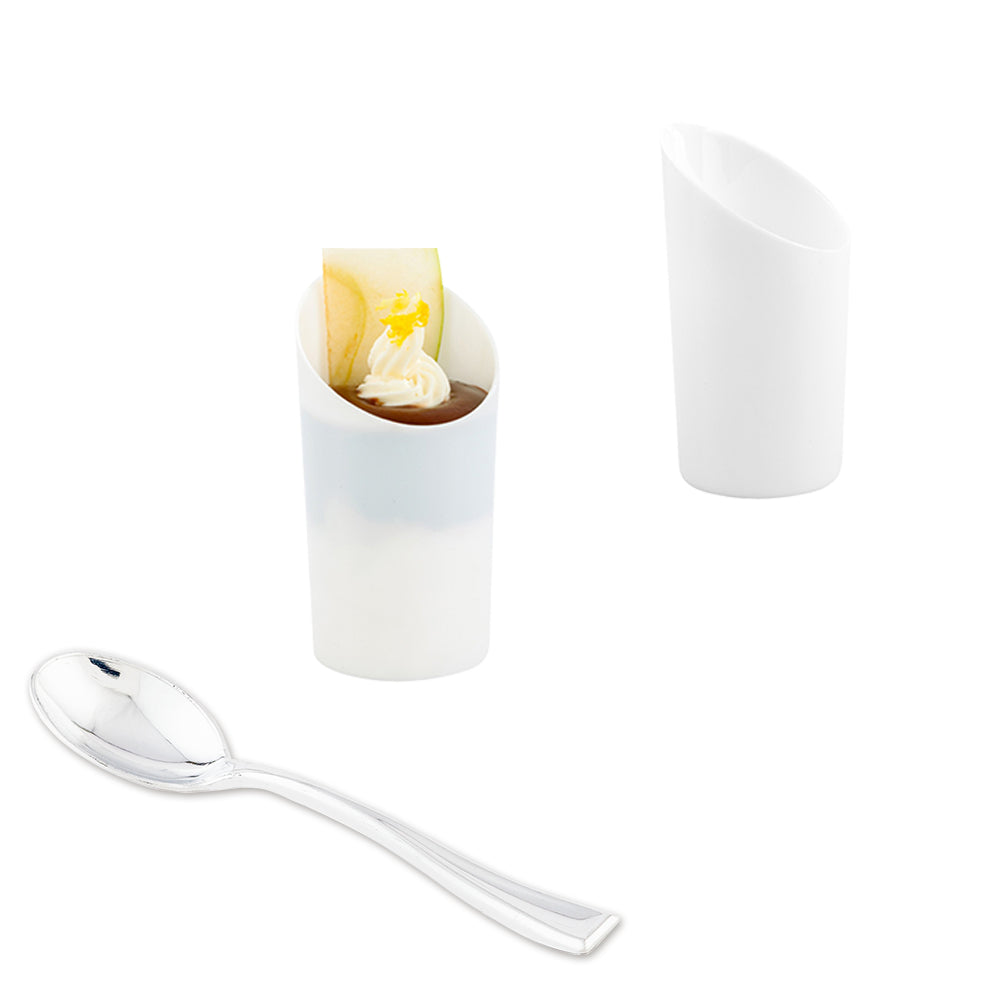 Bundle: 100 3 oz Round White Plastic Incline Shot Glass with 100 Silver Plastic 4" Mini Spoons