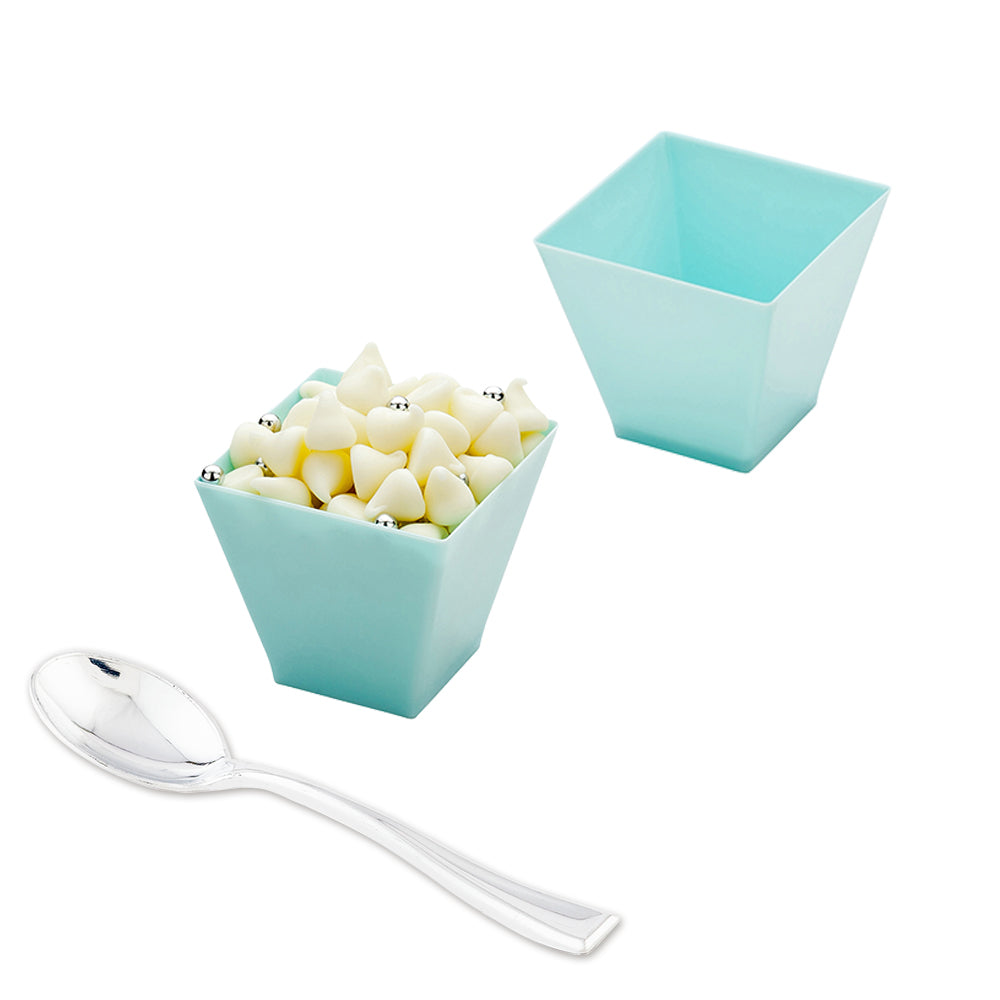 Bundle: 100 2 oz Square Baby Blue Plastic Mini Kova Cups with 100 Silver Plastic 4" Mini Spoons