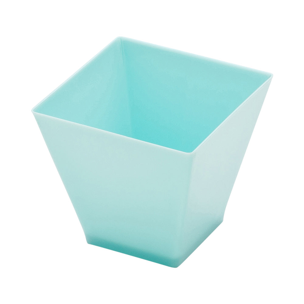 Bundle: 100 2 oz Square Baby Blue Plastic Mini Kova Cups with 100 Silver Plastic 4" Mini Spoons