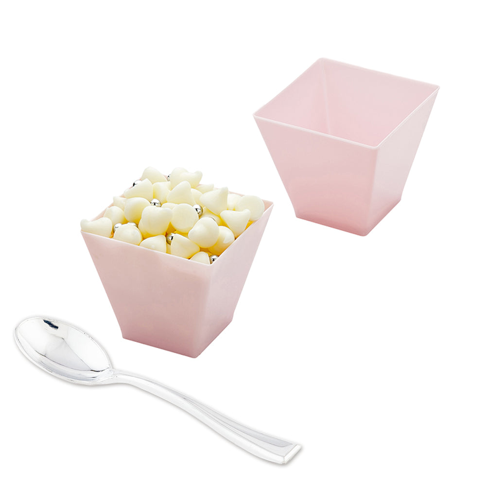 Bundle: 100 2 oz Square Powder Pink Plastic Mini Kova Cups with 100 Silver Plastic 4" Mini Spoons