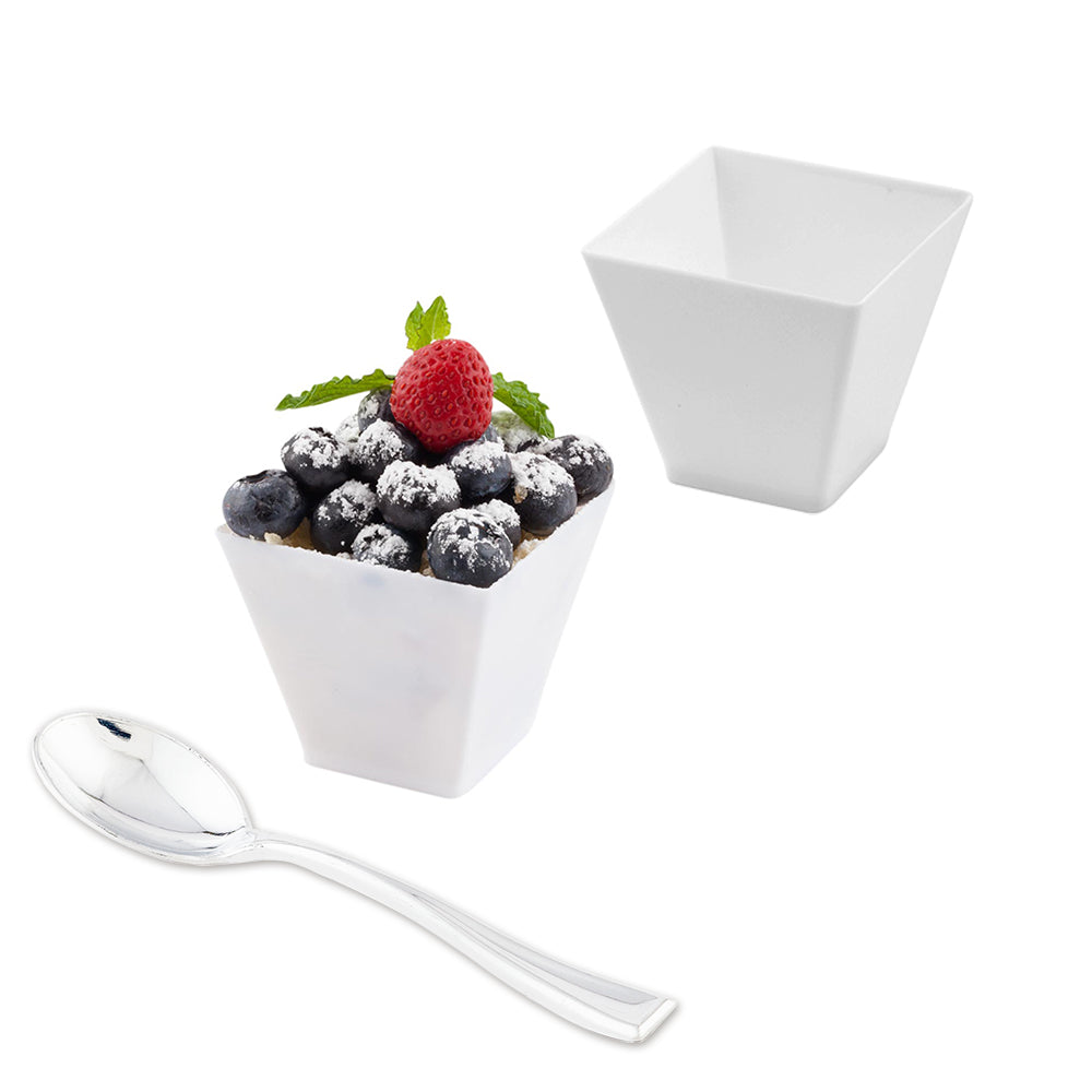 Bundle: 100 2 oz Square White Plastic Mini Kova Cups with 100 Silver Plastic 4" Mini Spoons