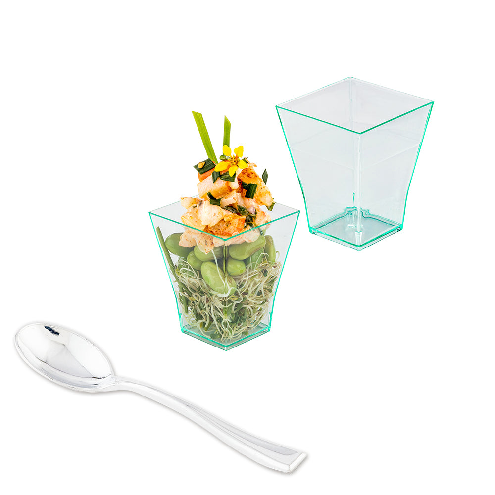 Bundle: 100 2 oz Square Seagreen Plastic Bonito Cups with 100 Silver Plastic 4" Mini Spoons