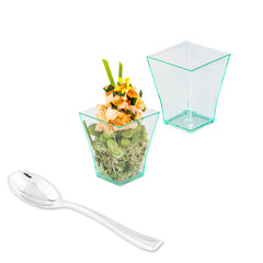 Bundle: 100 2 oz Square Seagreen Plastic Bonito Cups with 100 Silver Plastic 4