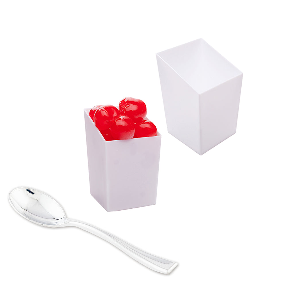 Bundle: 100 3 oz Square White Plastic Incline Cups with 100 Silver Plastic 4" Mini Spoons