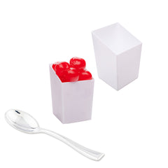 Bundle: 100 3 oz Square White Plastic Incline Cups with 100 Silver Plastic 4