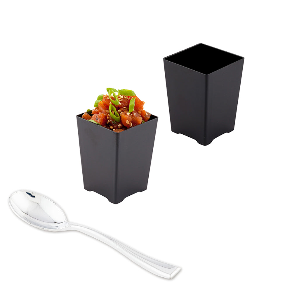 Bundle: 100 4 oz Square Black Plastic Tall Quadrato Cups with 100 Silver Plastic 4" Mini Spoons