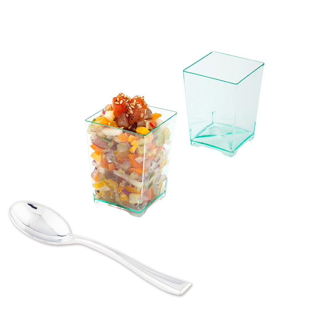 Bundle: 100 4 oz Square Seagreen Plastic Tall Quadrato Cups with 100 Silver Plastic 4" Mini Spoons