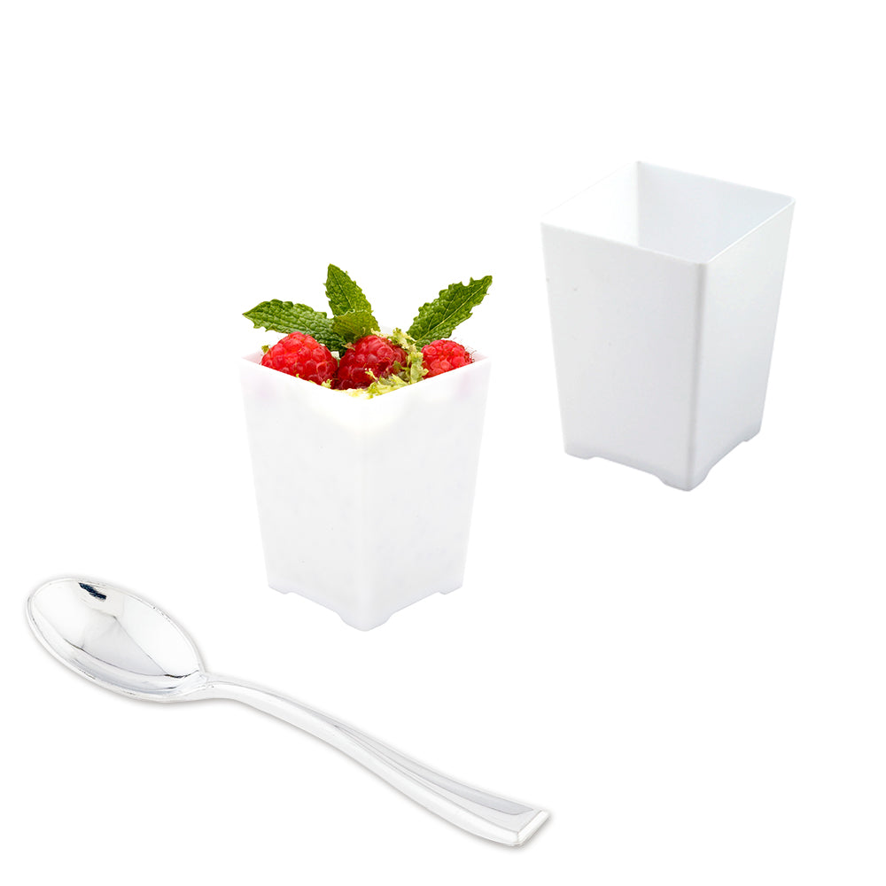 100 4 oz Square White Plastic Tall Quadrato Cups and 100 Silver Plastic 4" Mini Spoons