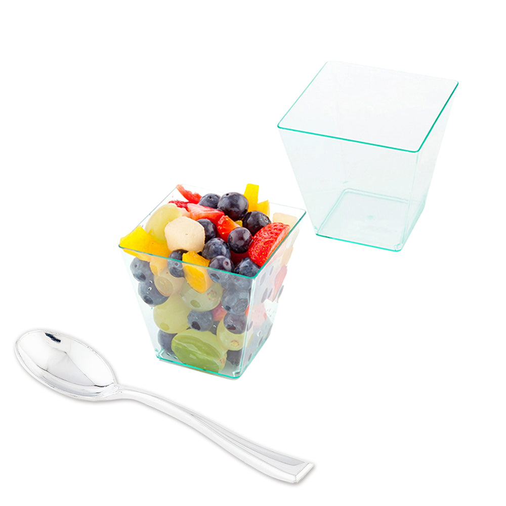 100 8 oz Square Seagreen Plastic Large Kova Cups and 100 Silver Plastic 4" Mini Spoons