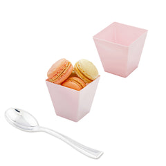 100 8 oz Square Powder Pink Plastic Large Kova Cups and 100 Silver Plastic 4